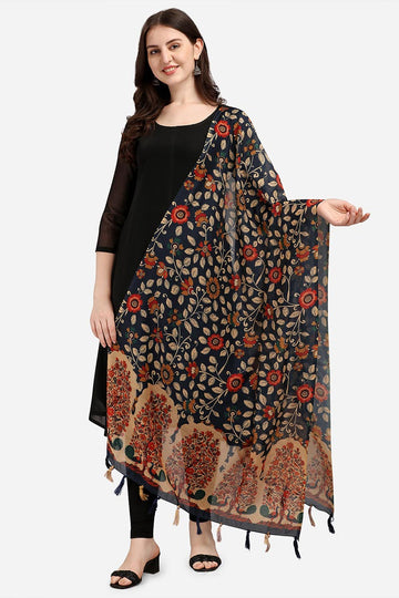 Navy Blue Color Kalamkari And Floral Digital Printed Chanderi Silk Dupatta For Women